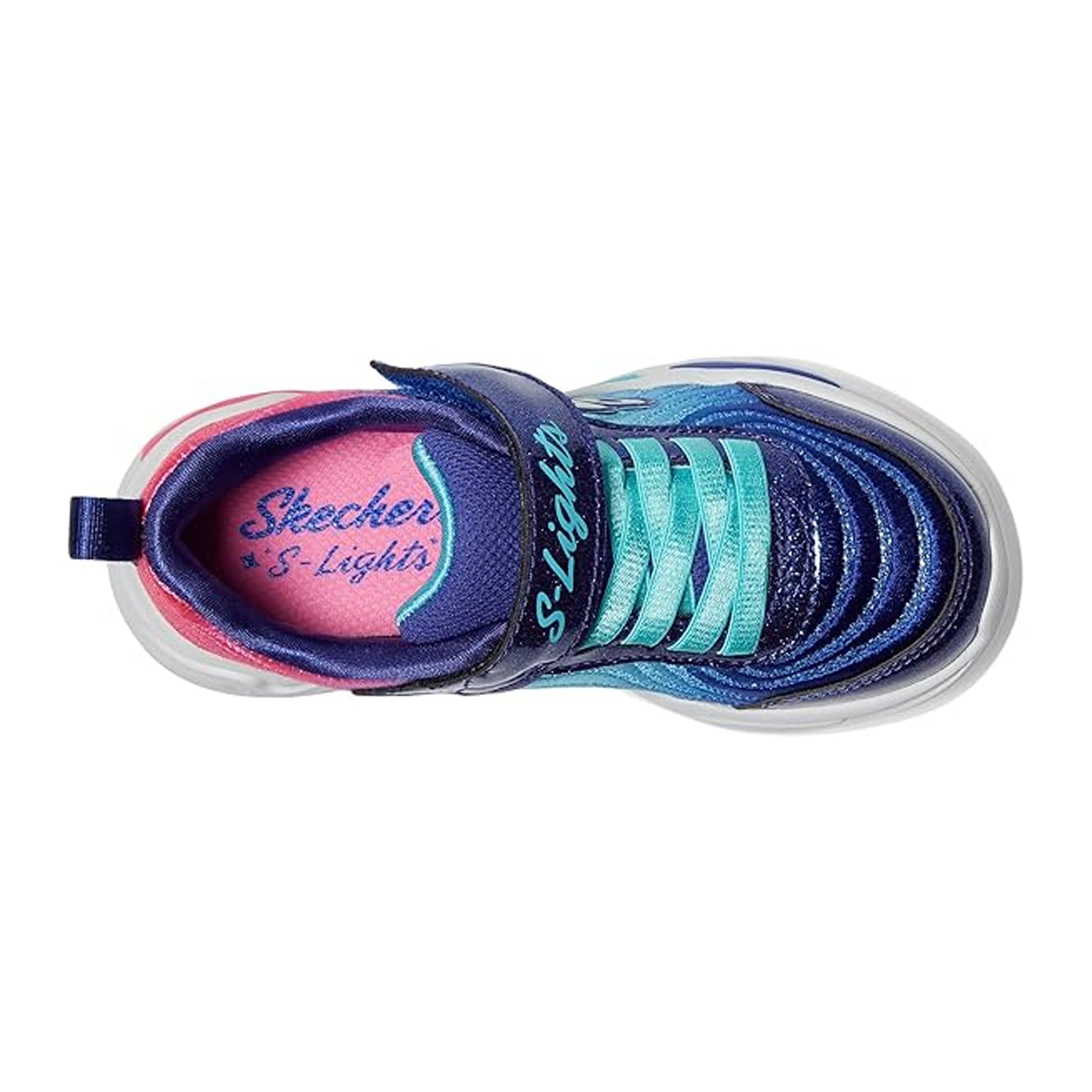 Navy-Mint - Side - Skechers Childrens-Kids Wavy Beams Light Up Trainers
