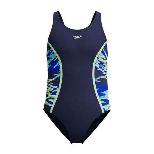 Blue-Green - Front - Speedo Girls Hyperboom Splice Abstract Muscleback One Piece Swimsuit