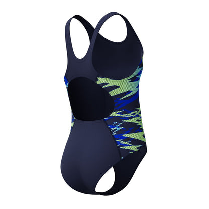 Blue-Green - Back - Speedo Girls Hyperboom Splice Abstract Muscleback One Piece Swimsuit