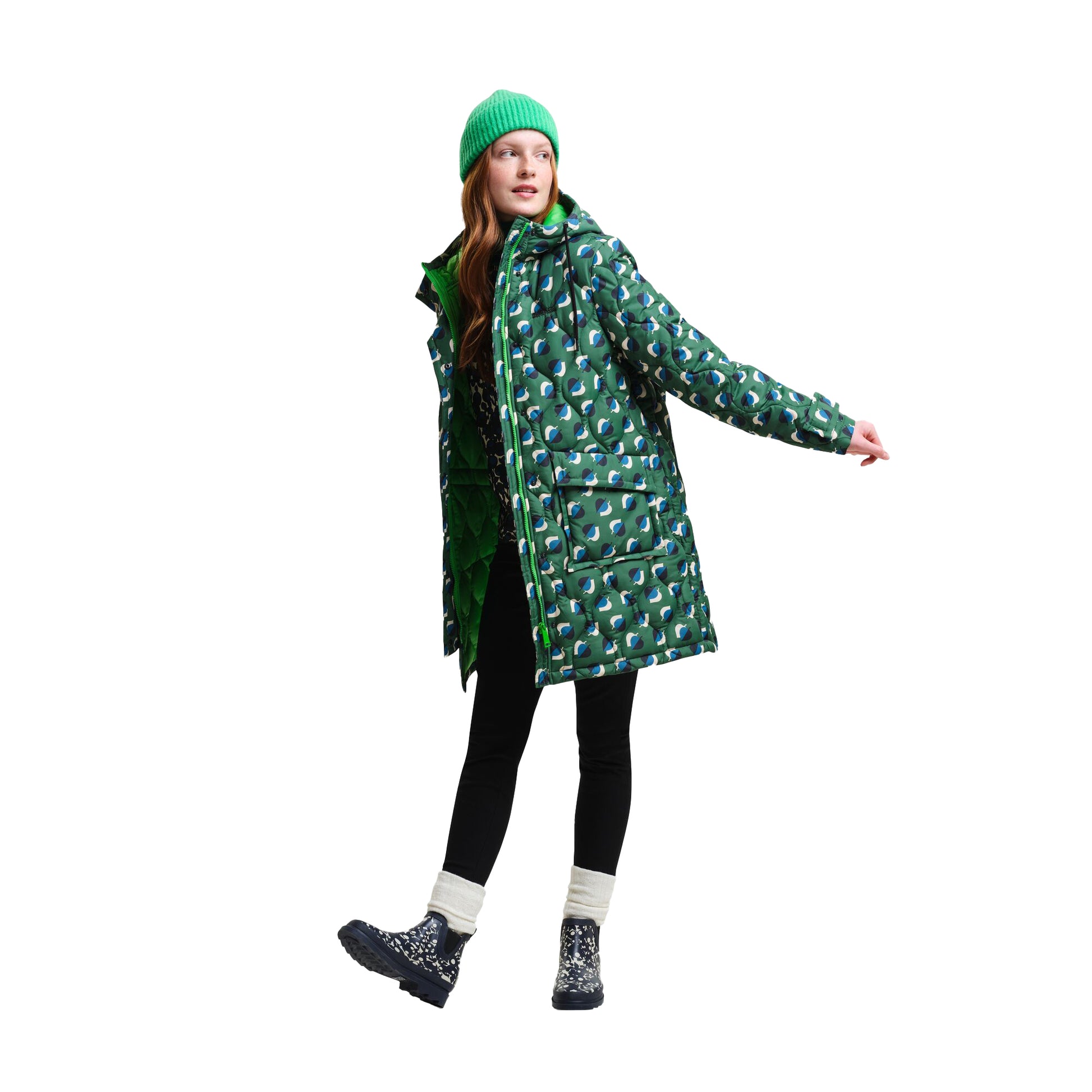 Shadow-Emerald - Side - Regatta Womens-Ladies Orla Kiely Elm Leaf Quilted Mid Length Jacket