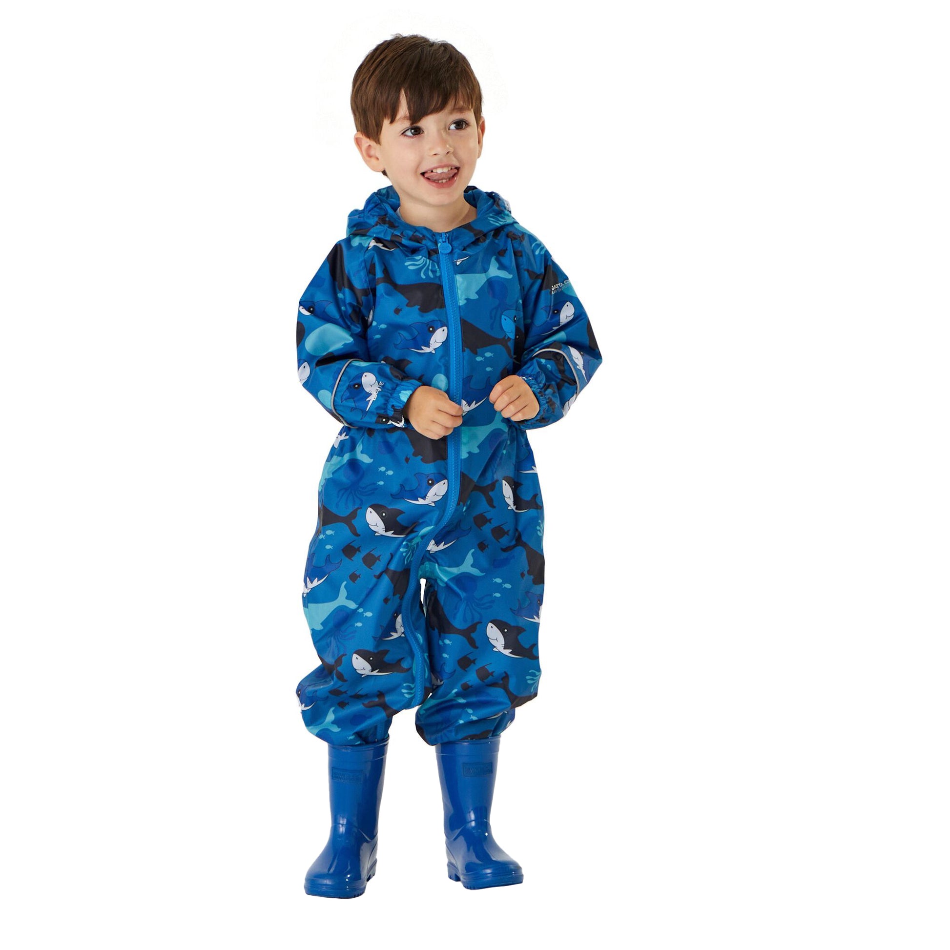 Hawaiian Blue - Lifestyle - Regatta Childrens-Kids Pobble Bubbles The Shark Waterproof Puddle Suit
