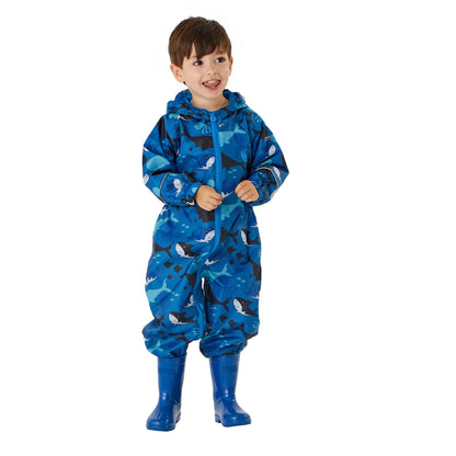 Hawaiian Blue - Lifestyle - Regatta Childrens-Kids Pobble Bubbles The Shark Waterproof Puddle Suit