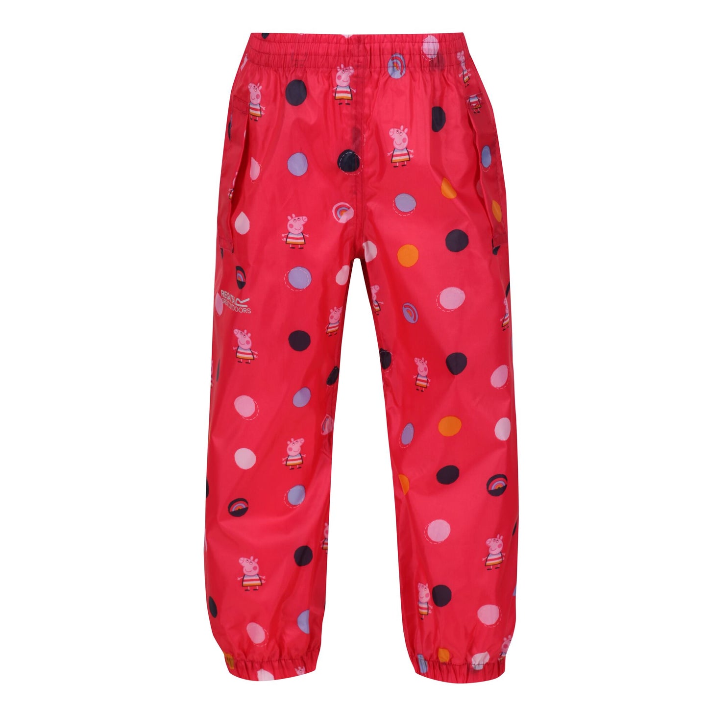 Bright Blush - Front - Regatta Childrens-Kids Polka Dot Peppa Pig Packaway Over Trousers