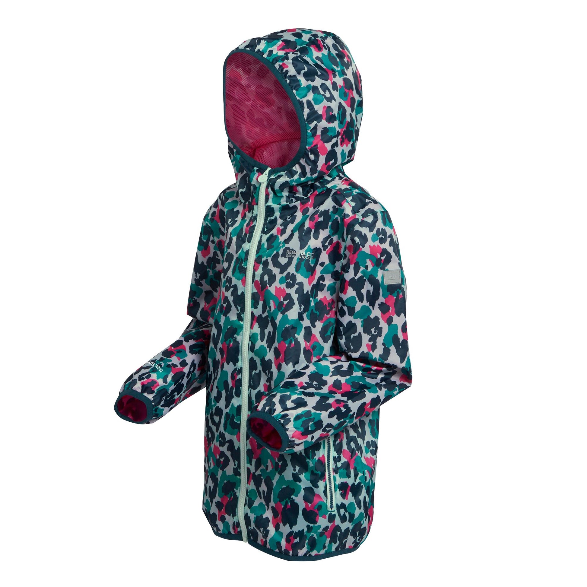 Bleached Aqua - Side - Regatta Childrens-Kids Lever Leopard Print Packaway Waterproof Jacket