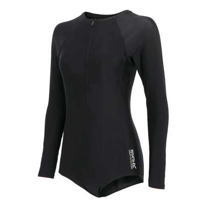 Black - Side - Regatta Womens-Ladies Willowfield Long-Sleeved One Piece Swimsuit