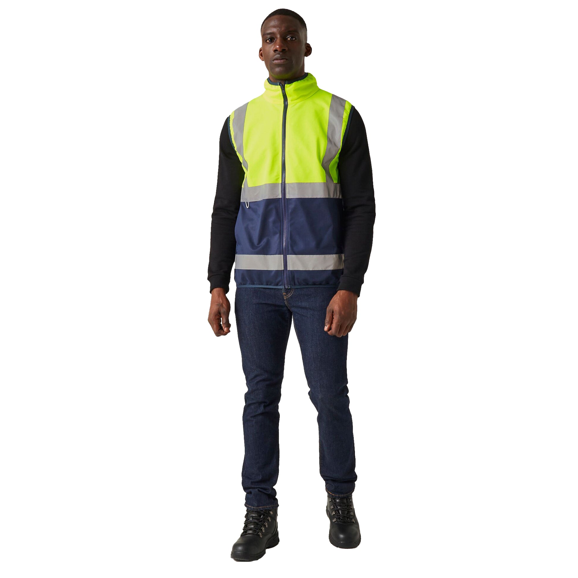 Yellow-Navy - Close up - Regatta Professional Mens Full Zip Hi-Vis Vest