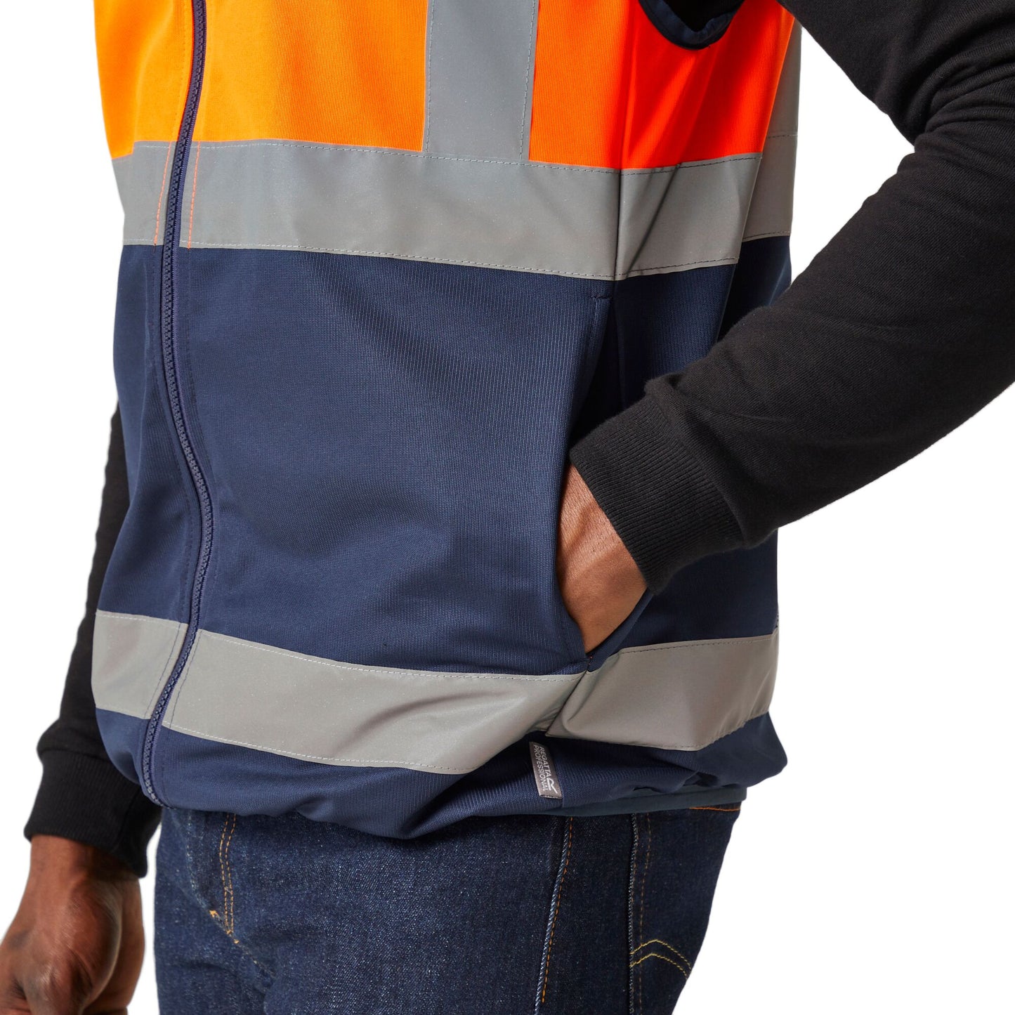 Orange-Navy - Pack Shot - Regatta Professional Mens Full Zip Hi-Vis Vest