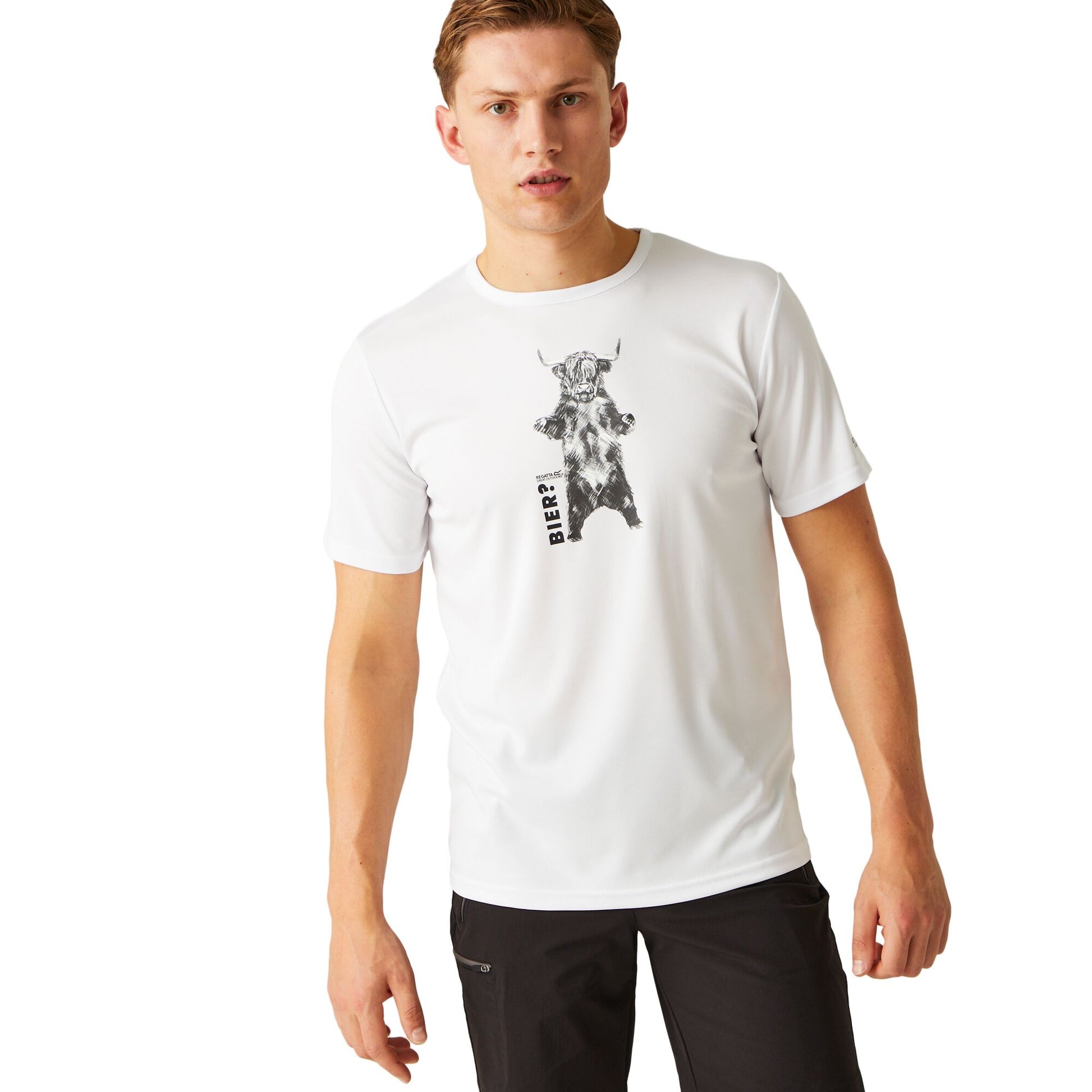 White - Side - Regatta Mens Fingal Slogan III Bier Highland Cow T-Shirt