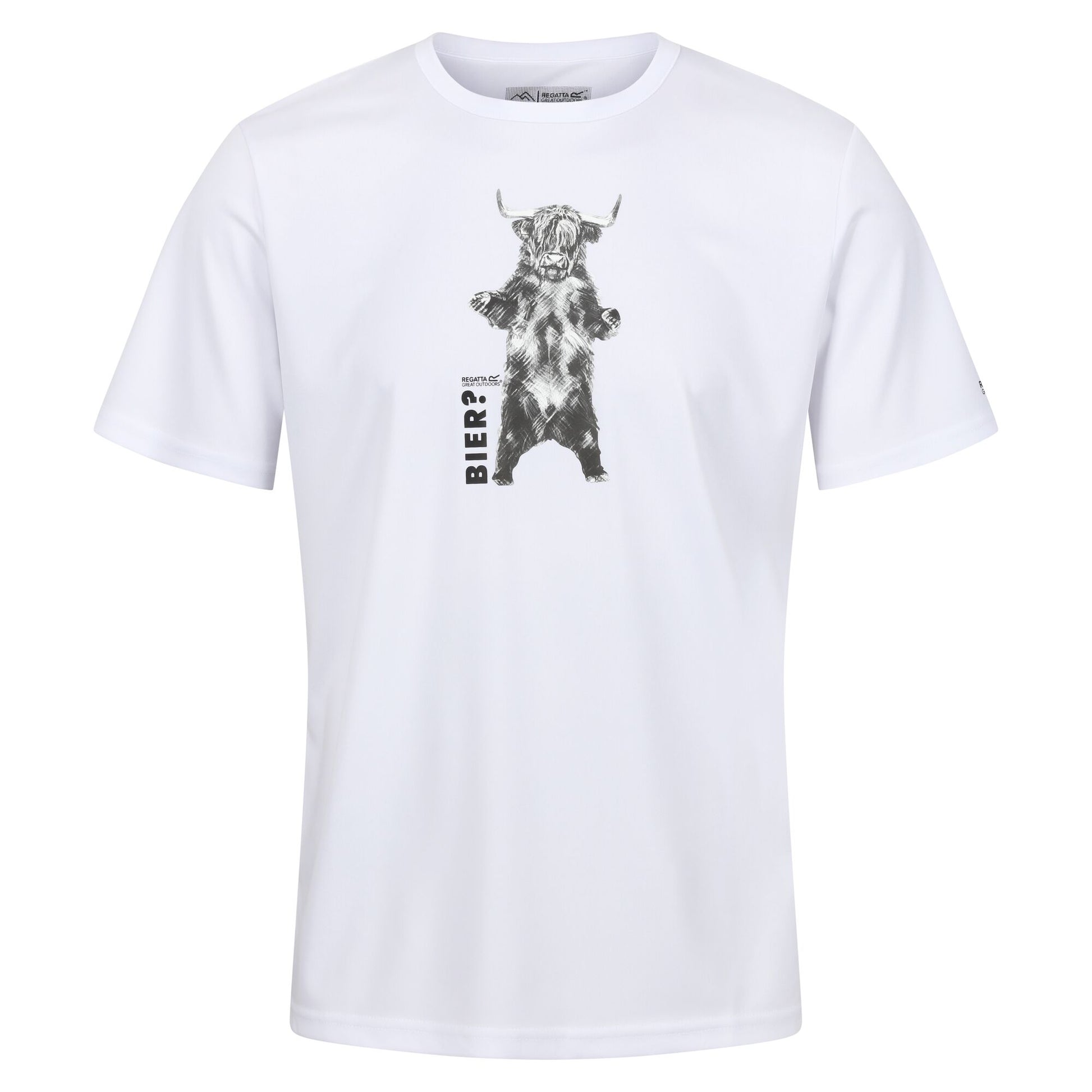 White - Front - Regatta Mens Fingal Slogan III Bier Highland Cow T-Shirt