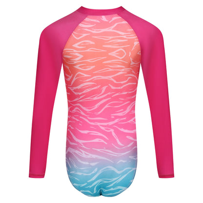 Flamingo Pink-Satsuma - Back - Regatta Childrens-Kids Ombre Long-Sleeved One Piece Swimsuit