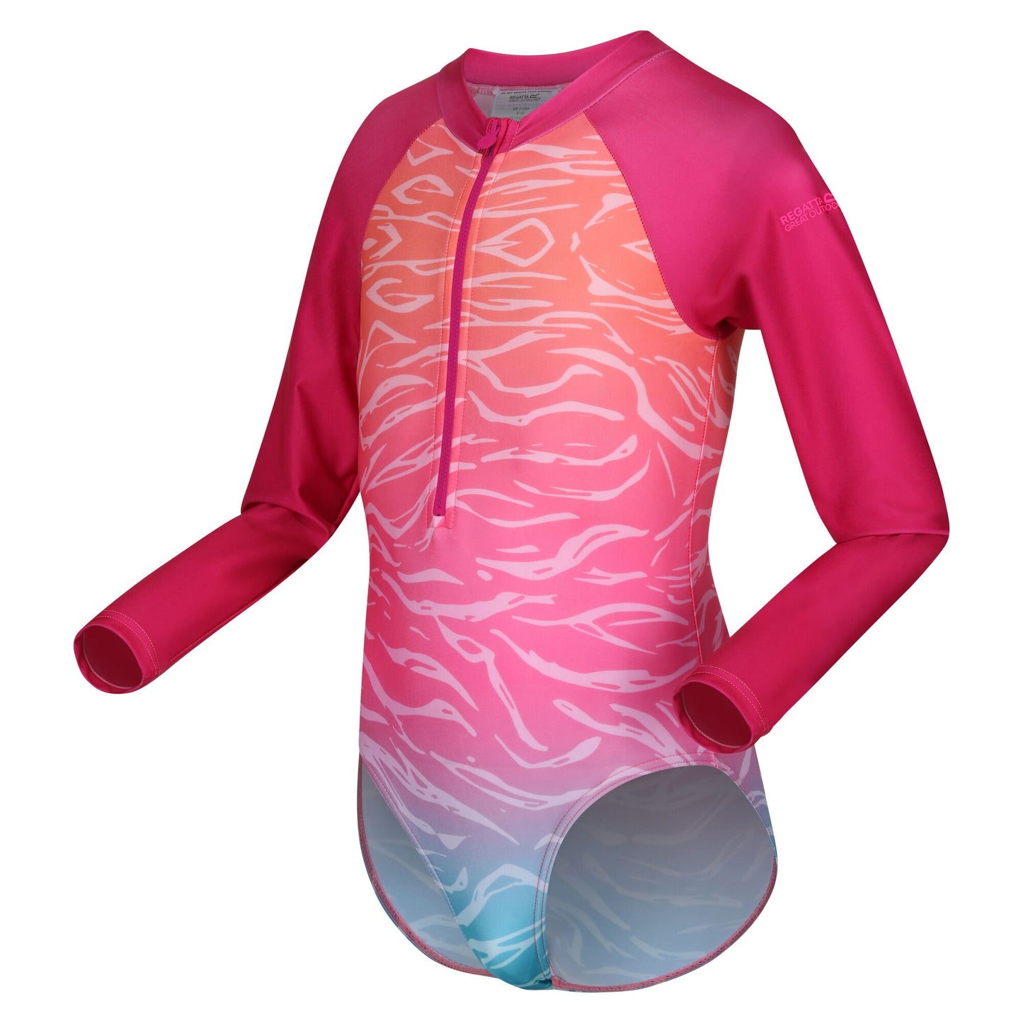 Flamingo Pink-Satsuma - Side - Regatta Childrens-Kids Ombre Long-Sleeved One Piece Swimsuit