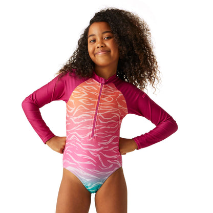 Flamingo Pink-Satsuma - Lifestyle - Regatta Childrens-Kids Ombre Long-Sleeved One Piece Swimsuit