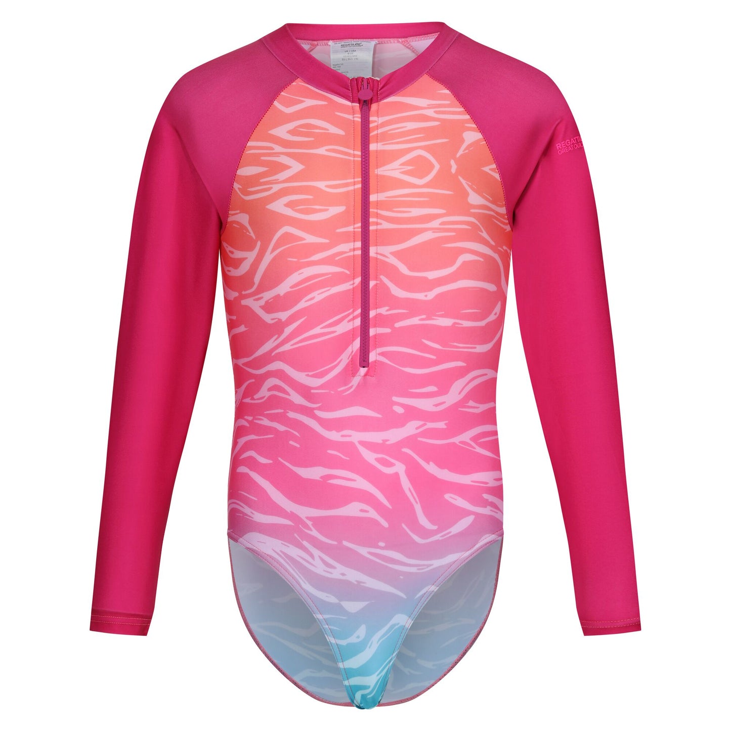 Flamingo Pink-Satsuma - Front - Regatta Childrens-Kids Ombre Long-Sleeved One Piece Swimsuit