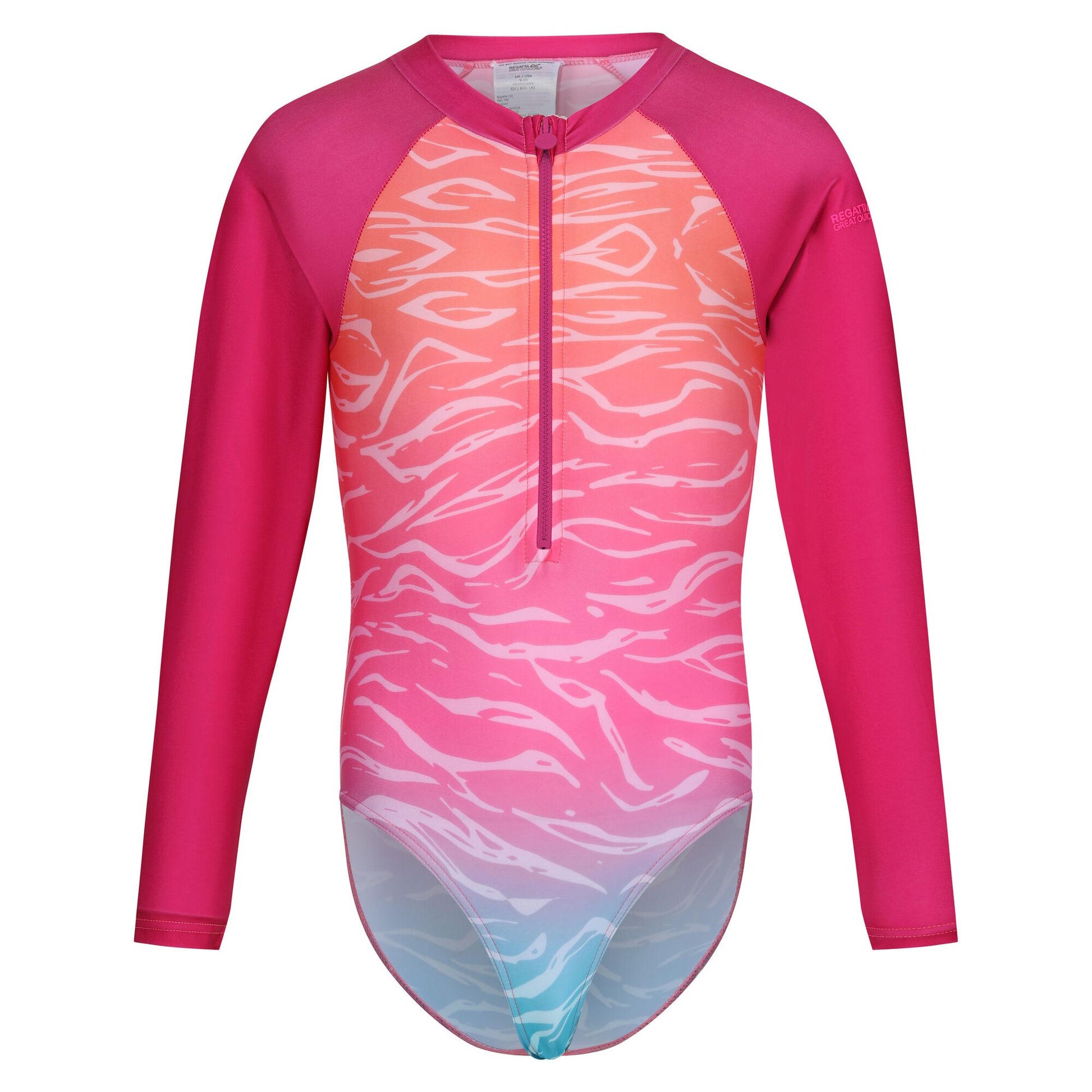 Flamingo Pink-Satsuma - Front - Regatta Childrens-Kids Ombre Long-Sleeved One Piece Swimsuit