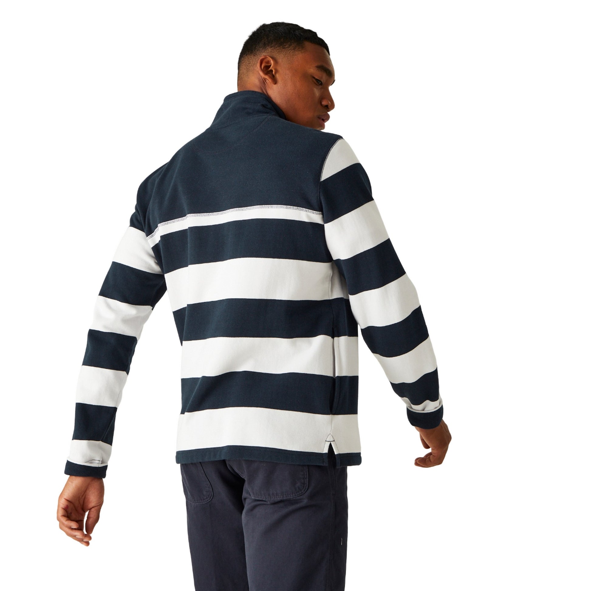 Navy-White - Pack Shot - Regatta Mens Agilno Striped Half Zip Fleece Top