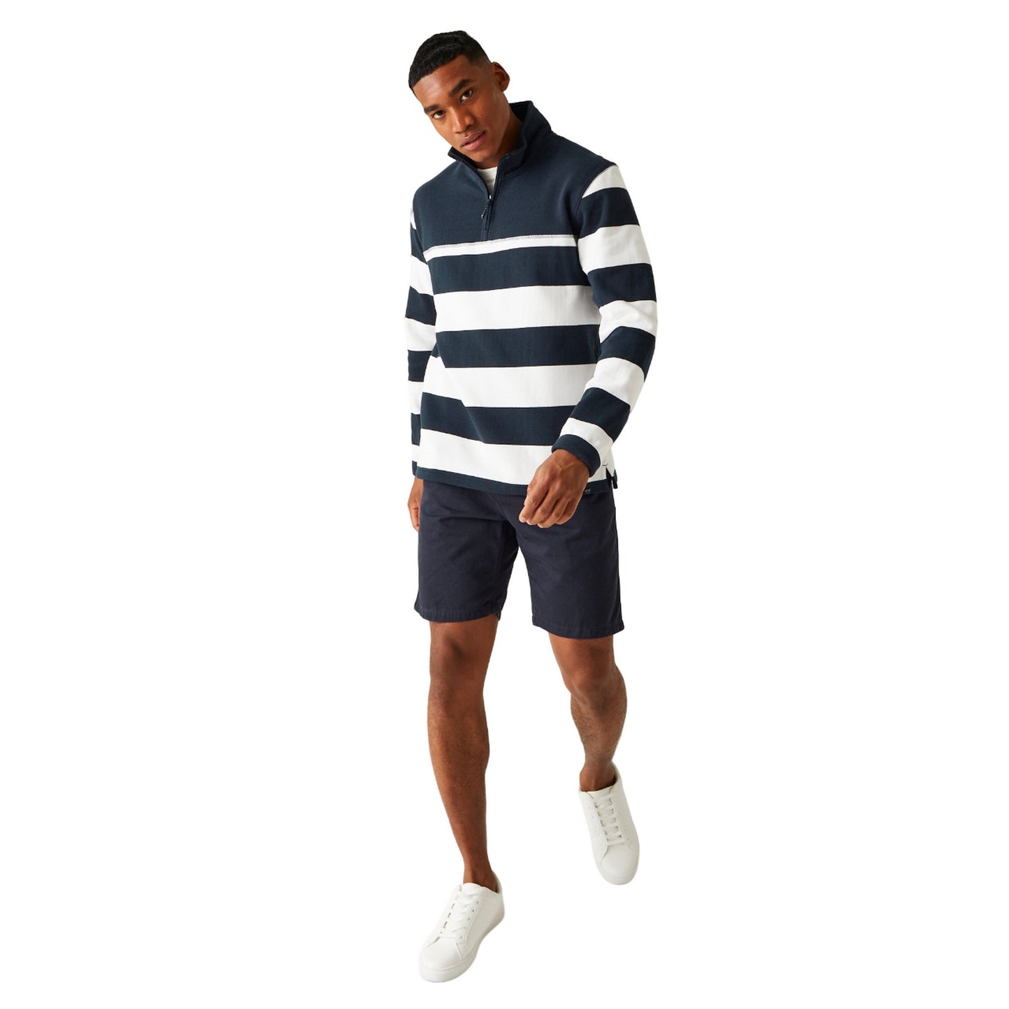 Navy-White - Close up - Regatta Mens Agilno Striped Half Zip Fleece Top
