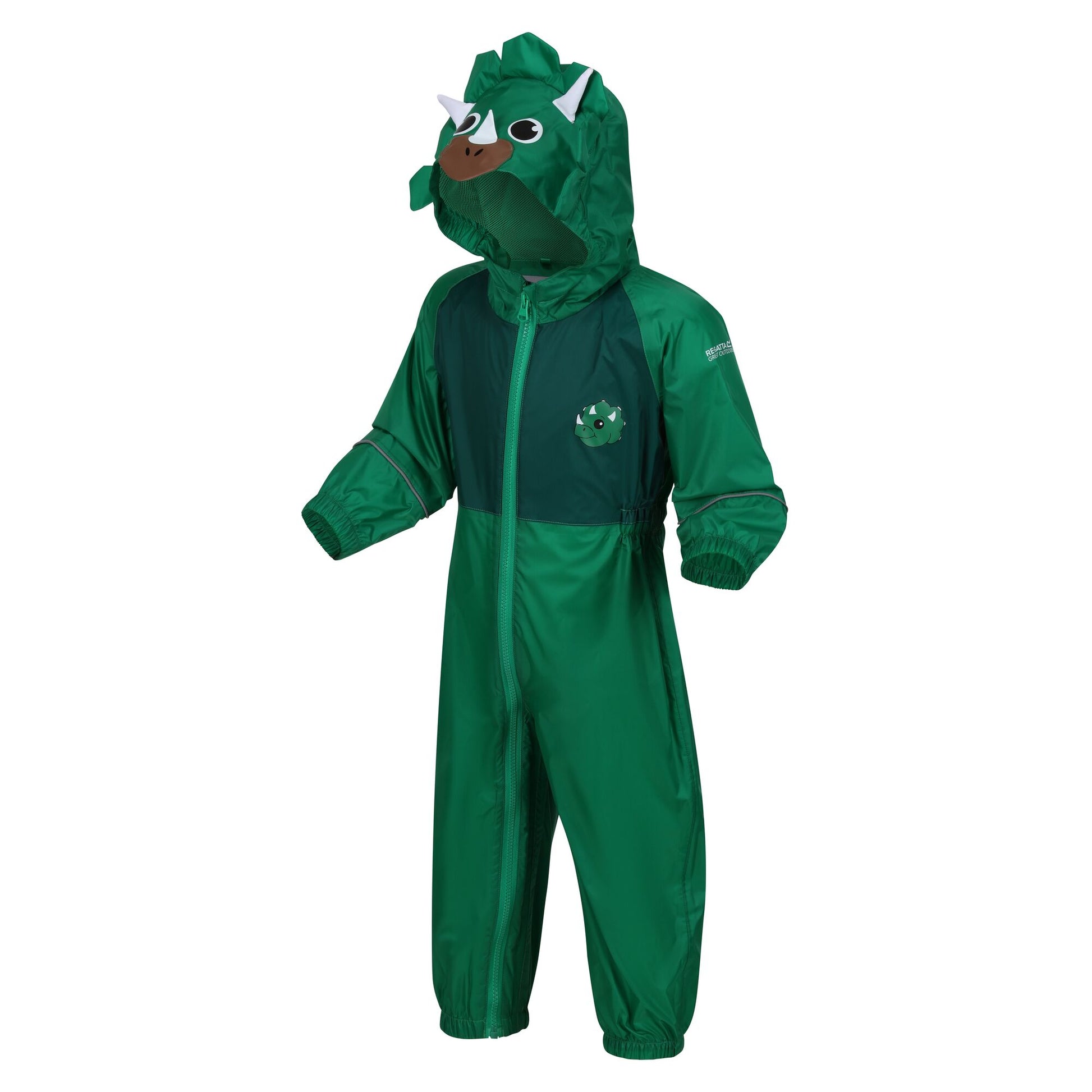Jellybean Green - Side - Regatta Childrens-Kids Charco Stompy The Dinosaur Waterproof Puddle Suit