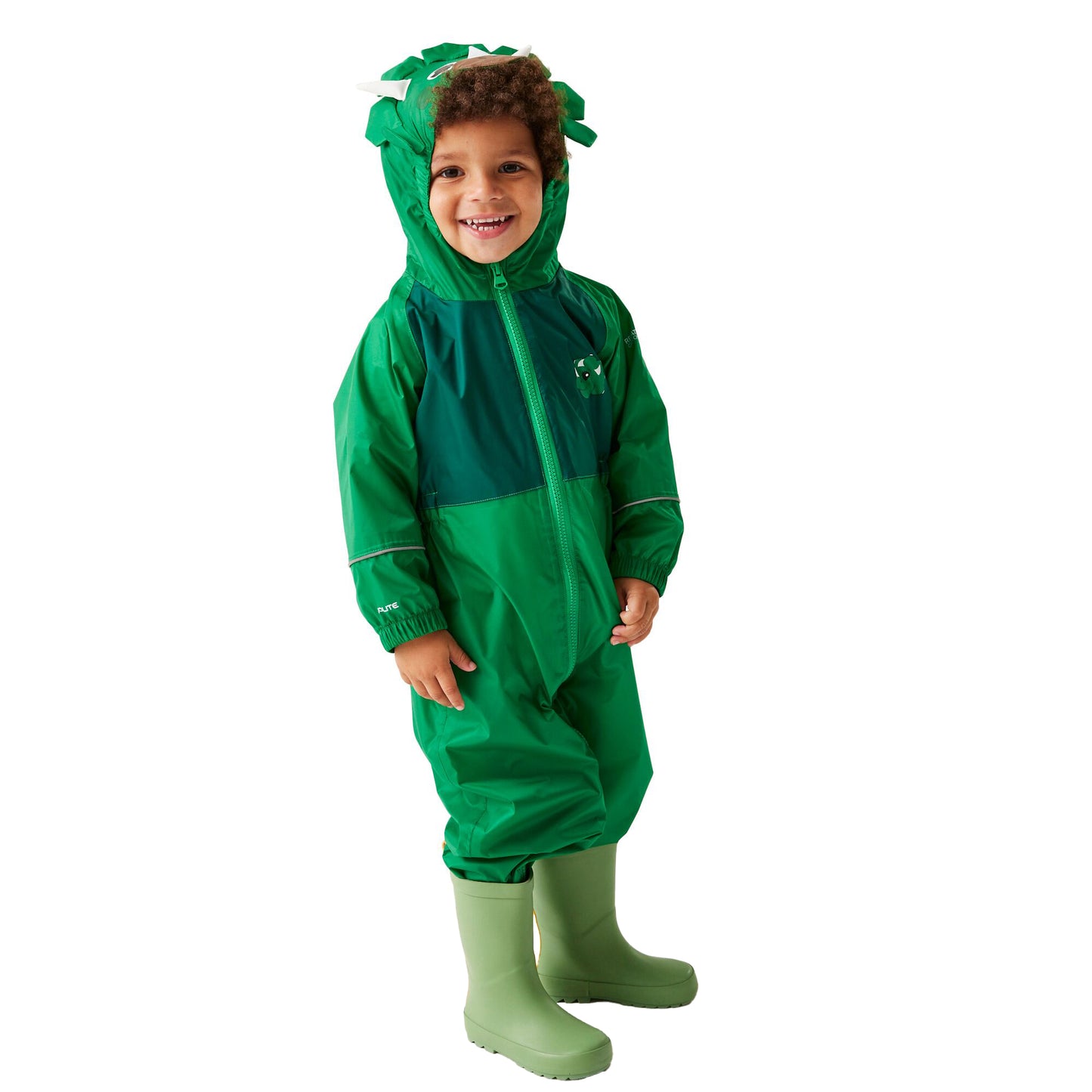 Jellybean Green - Lifestyle - Regatta Childrens-Kids Charco Stompy The Dinosaur Waterproof Puddle Suit