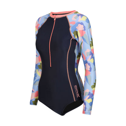 Navy - Side - Regatta Womens-Ladies Willowfield Abstract Floral Long-Sleeved One Piece Swimsuit