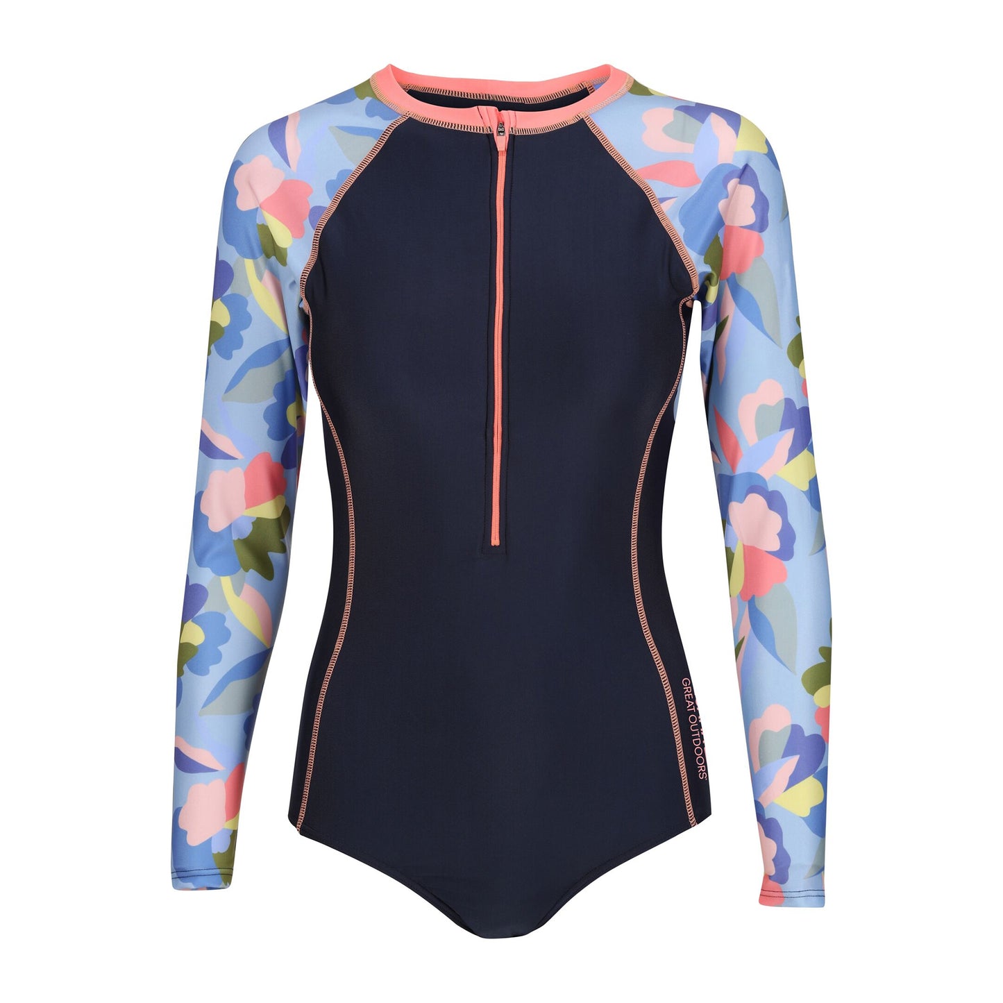 Navy - Front - Regatta Womens-Ladies Willowfield Abstract Floral Long-Sleeved One Piece Swimsuit
