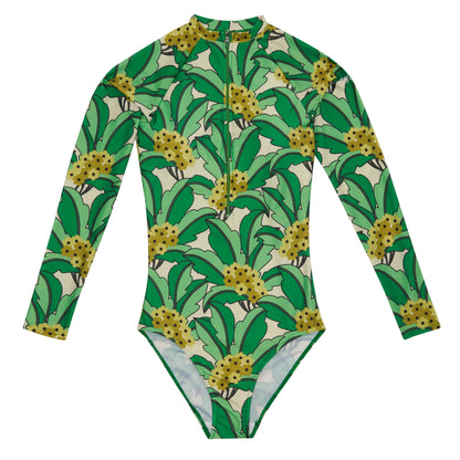 Green - Front - Regatta Womens-Ladies Orla Kiely Tropical Leaves Long-Sleeved One Piece Swimsuit