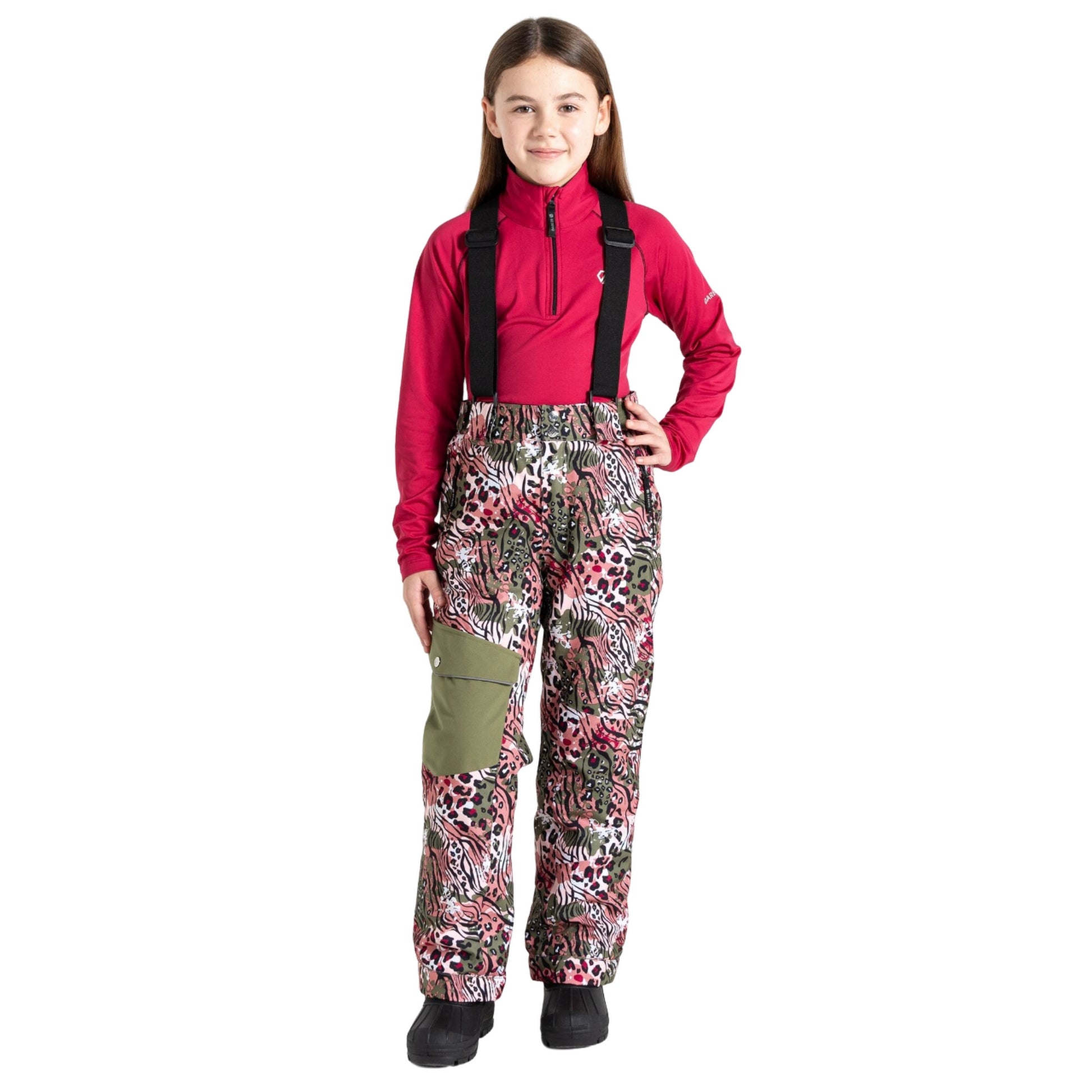 Olivine Green - Lifestyle - Dare 2B Childrens-Kids Pow Leopard Print Ski Trousers