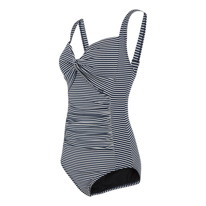 Navy-White - Side - Regatta Womens-Ladies Stripe Seersucker Tummy Control One Piece Swimsuit