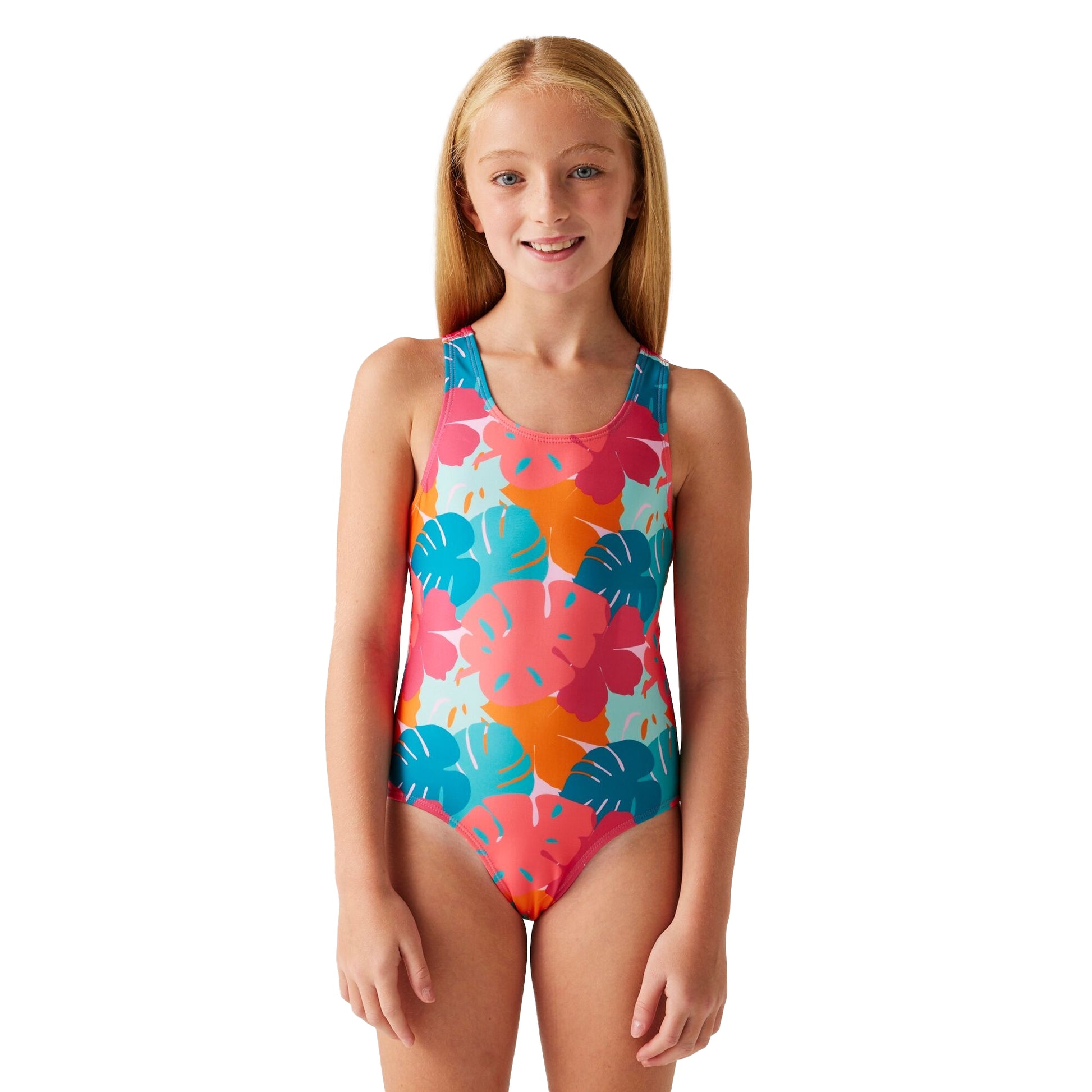 Multicoloured - Lifestyle - Regatta Girls Katrisse Tropical Leaves One Piece Swimsuit