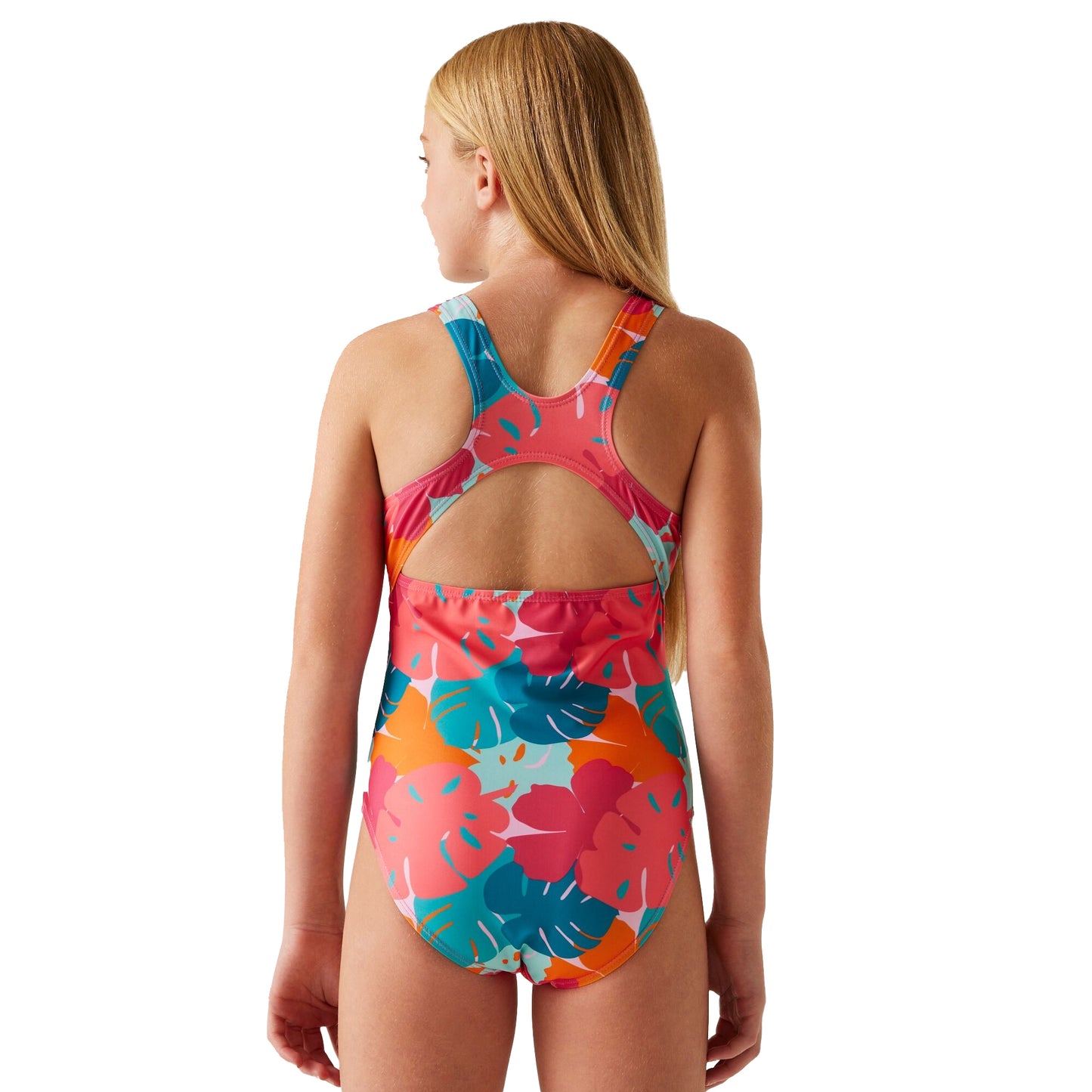 Multicoloured - Pack Shot - Regatta Girls Katrisse Tropical Leaves One Piece Swimsuit