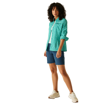 Aruba Blue - Pack Shot - Regatta Womens-Ladies Floral Packaway Long-Sleeved Travel Shirt