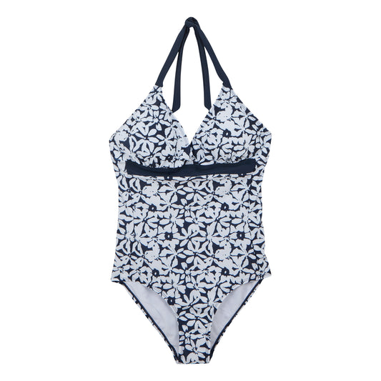 Navy-White - Front - Regatta Womens-Ladies Flavia II Large Floral One Piece Swimsuit
