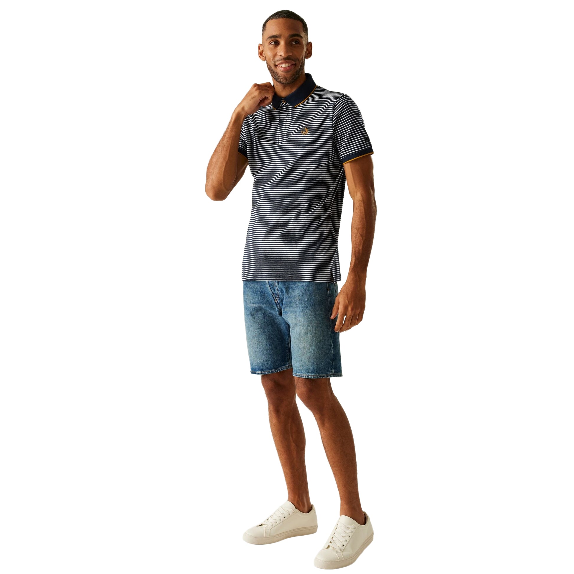 Navy-Stone White - Side - Regatta Mens Tiver Striped Polo Shirt