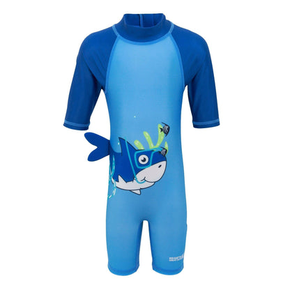 Elysium Blue-Hawaiian Blue - Front - Regatta Childrens-Kids Bubble The Shark Rash Guard Swimsuit