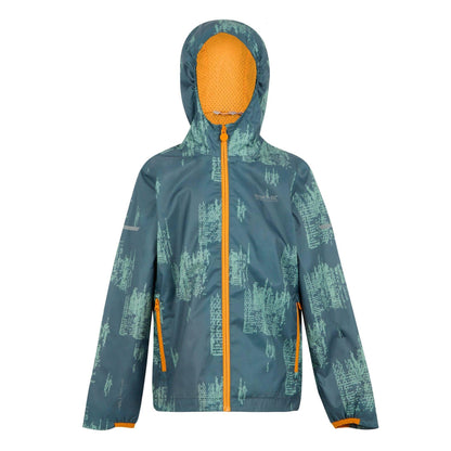 Stormy Weather-Glacier-Bright Marigold - Front - Regatta Childrens-Kids Lever II Printed Waterproof Jacket