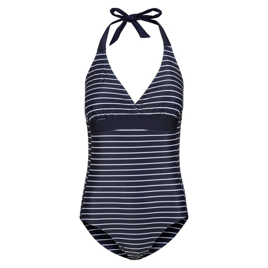 Navy-White - Front - Regatta Womens-Ladies Flavia II Stripe One Piece Swimsuit