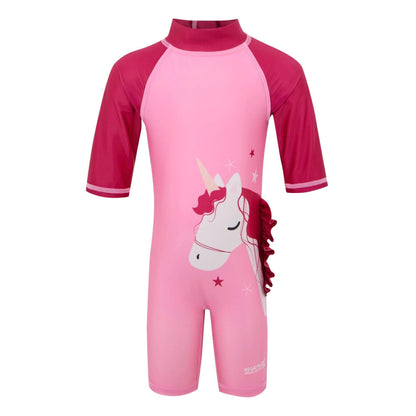 Sweet Pink - Front - Regatta Childrens-Kids Luna Unicorn One Piece Swimsuit
