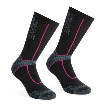 Black-Grey-Pink - Front - Regatta Womens-Ladies Merino Wool Hiking Crew Socks