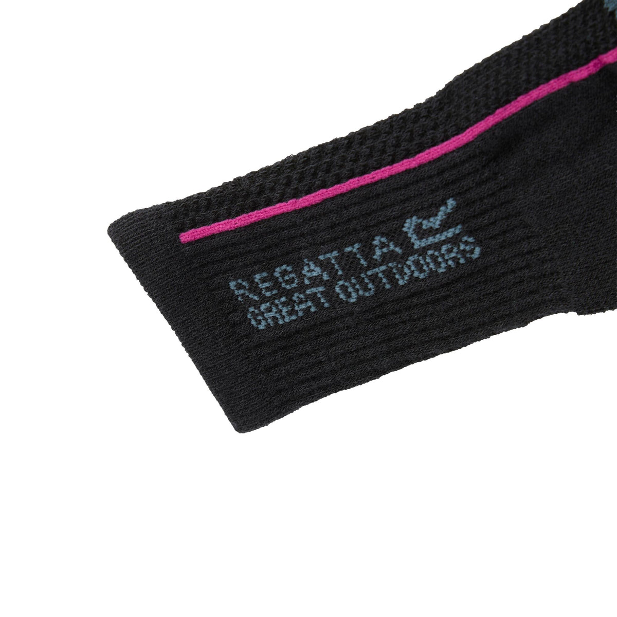 Black-Grey-Pink - Side - Regatta Womens-Ladies Merino Wool Hiking Crew Socks
