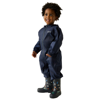 Navy - Pack Shot - Regatta Childrens-Kids Waterproof Puddle Suit