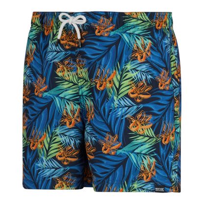 Navy - Side - Regatta Mens Loras Tropical Leaves Swim Shorts