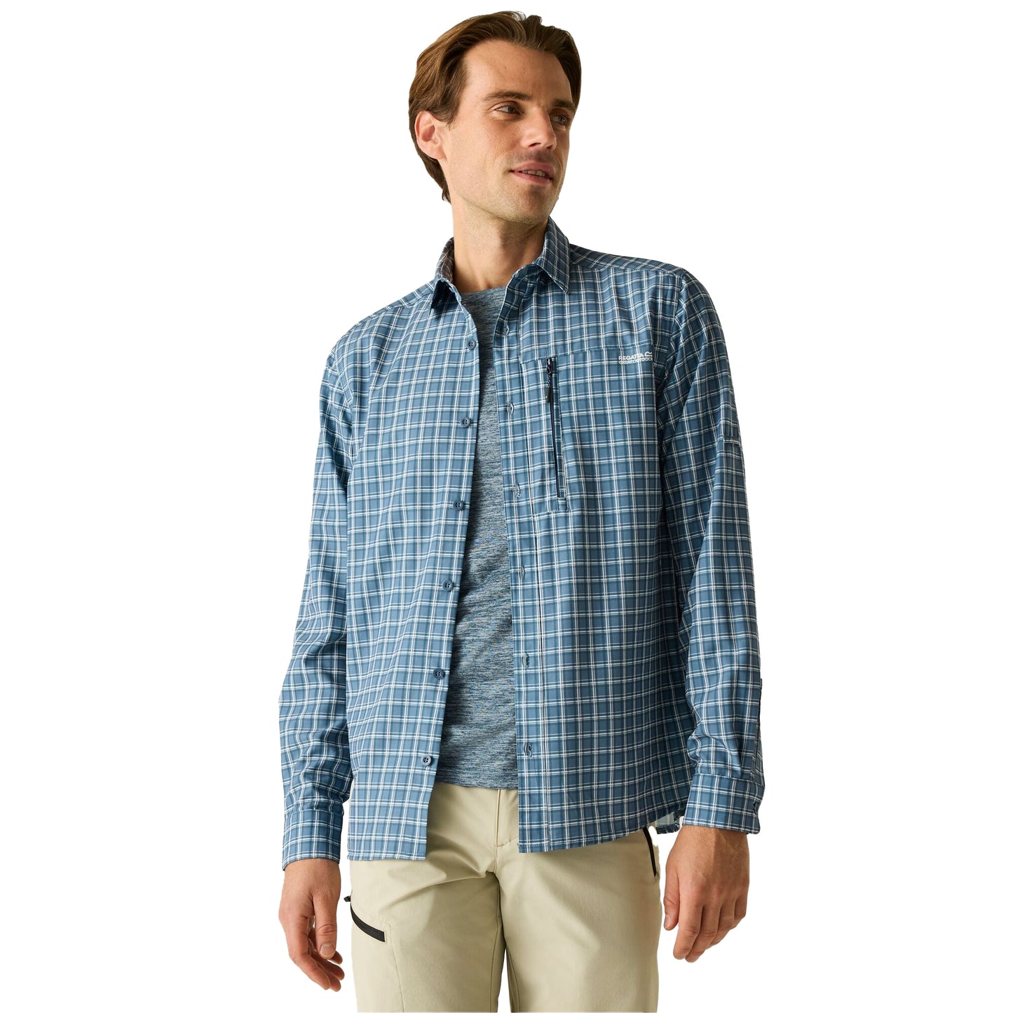 China Blue - Lifestyle - Regatta Mens Checked Insect Repellent Travel Shirt