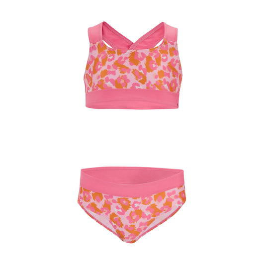Orange Peel-Pink Lemonade - Front - Regatta Girls Dakaria III Leopard Print Bikini Set