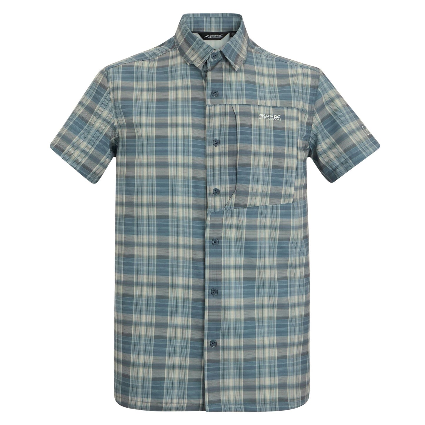China Blue - Front - Regatta Mens Checked Insect Repellent Short-Sleeved Travel Shirt