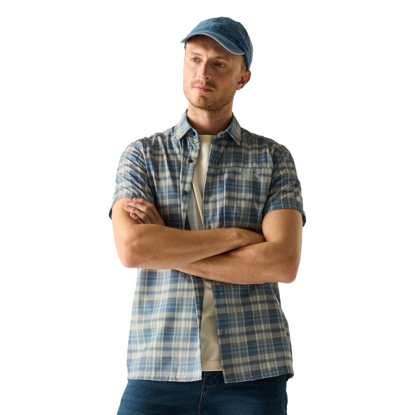 China Blue - Lifestyle - Regatta Mens Checked Insect Repellent Short-Sleeved Travel Shirt