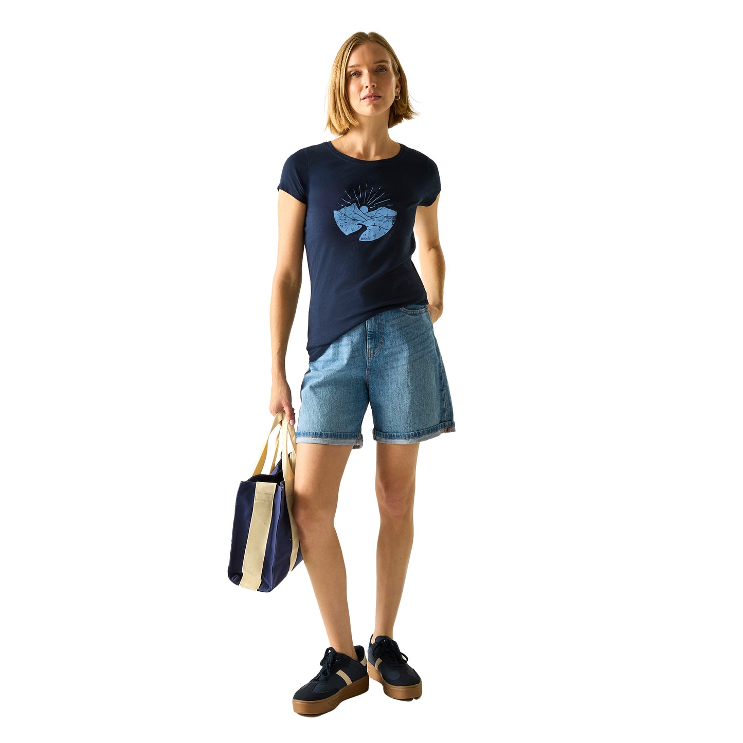 Navy - Pack Shot - Regatta Womens-Ladies Breezed Mountain Scene T-Shirt