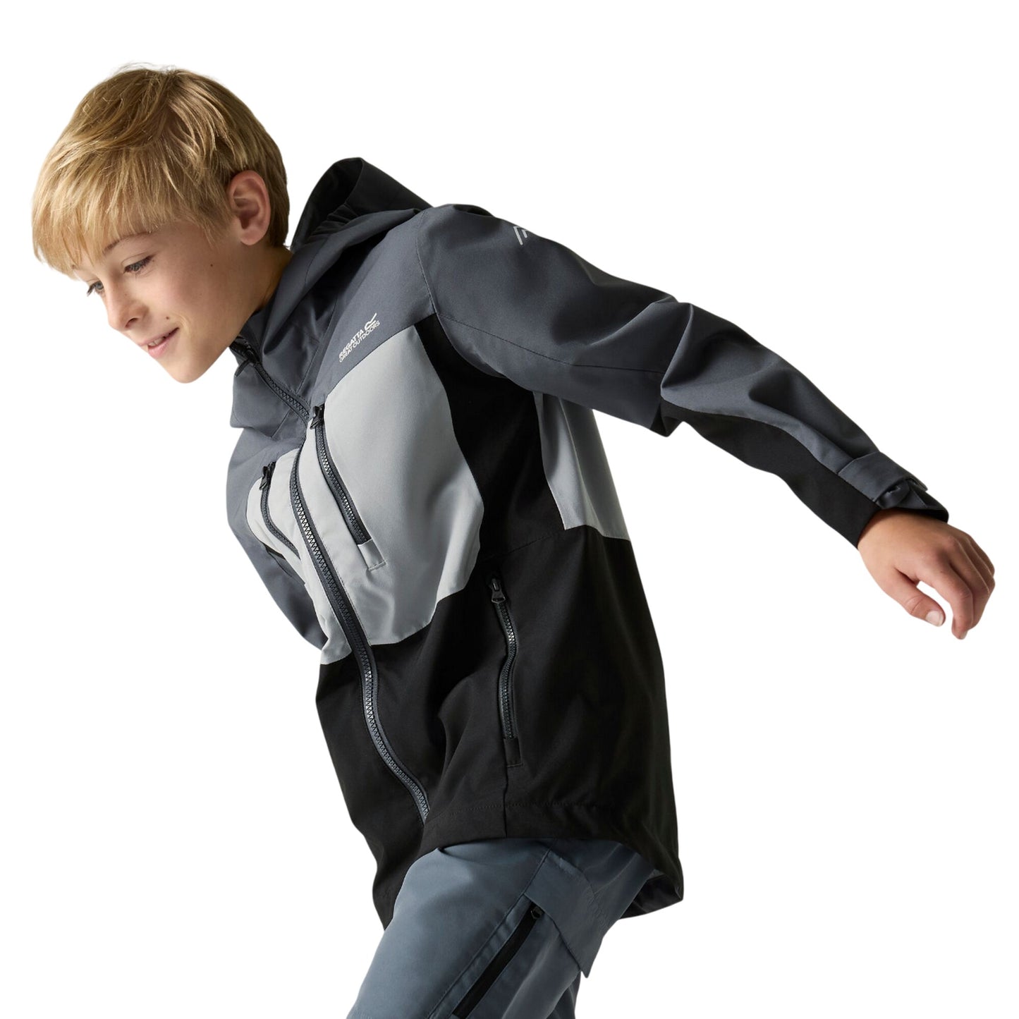 Seal Grey-Cloudy Grey-Black - Lifestyle - Regatta Childrens-Kids Highton Monochrome Waterproof Jacket