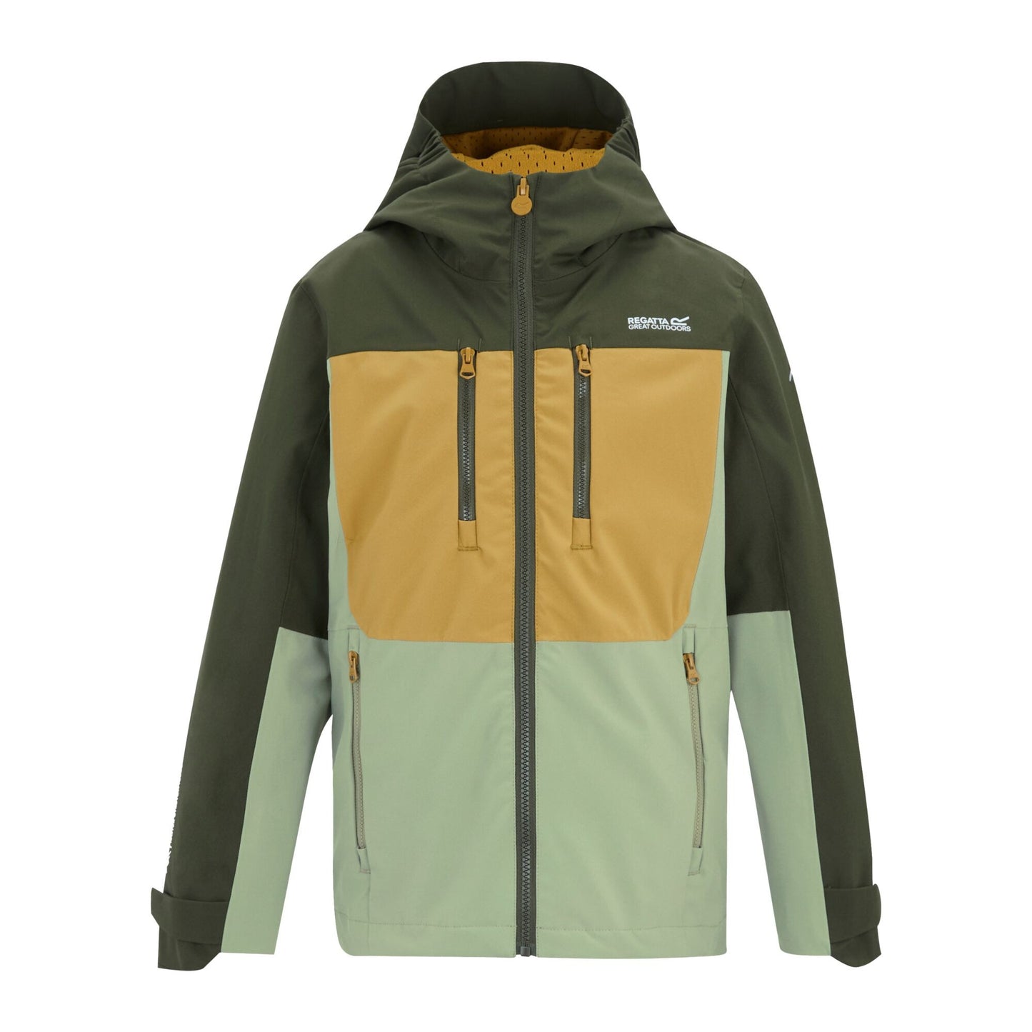 Dark Khaki-Wood Brown-Light Sage - Front - Regatta Childrens-Kids Highton Monochrome Waterproof Jacket