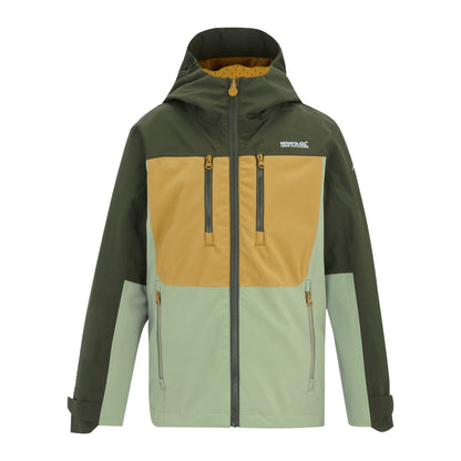 Dark Khaki-Wood Brown-Light Sage - Front - Regatta Childrens-Kids Highton Monochrome Waterproof Jacket