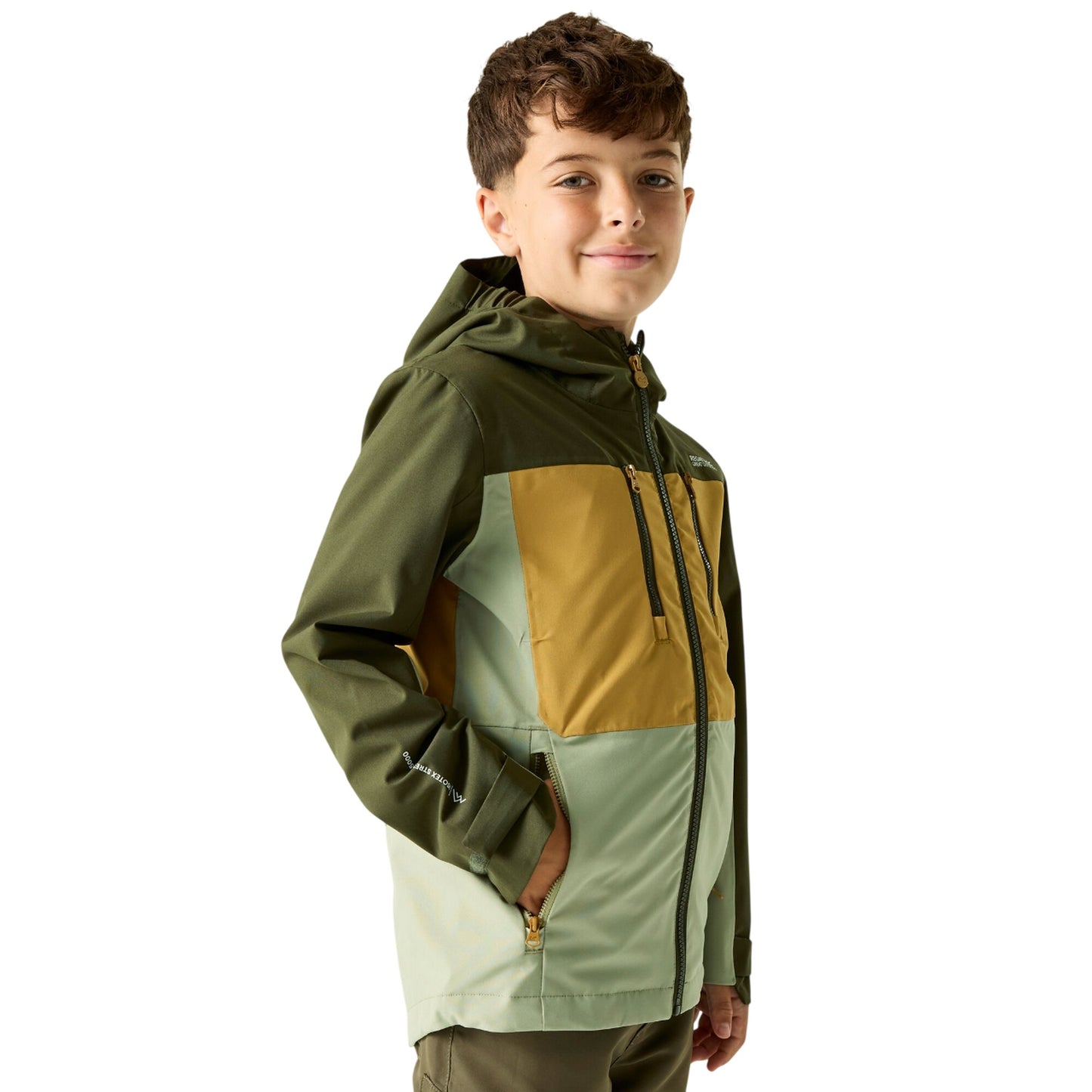 Dark Khaki-Wood Brown-Light Sage - Lifestyle - Regatta Childrens-Kids Highton Monochrome Waterproof Jacket