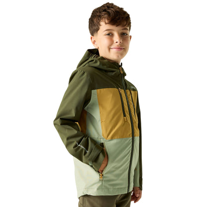 Dark Khaki-Wood Brown-Light Sage - Lifestyle - Regatta Childrens-Kids Highton Monochrome Waterproof Jacket
